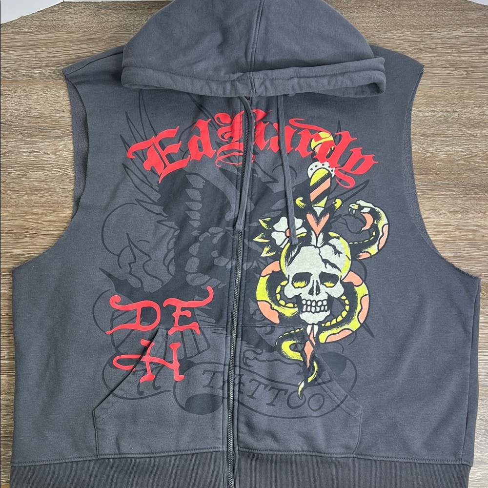 Ed Hardy Designs Sleeveless Zip Hoodie – XXL – Panther Graphic Tattoo Vest